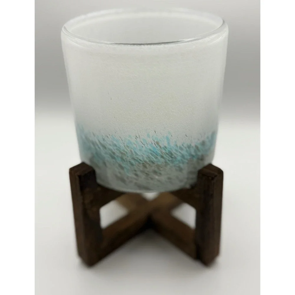 Frosted Ombre Glass Vessel with Wooden X-Base Stand White Blue Coastal Decor